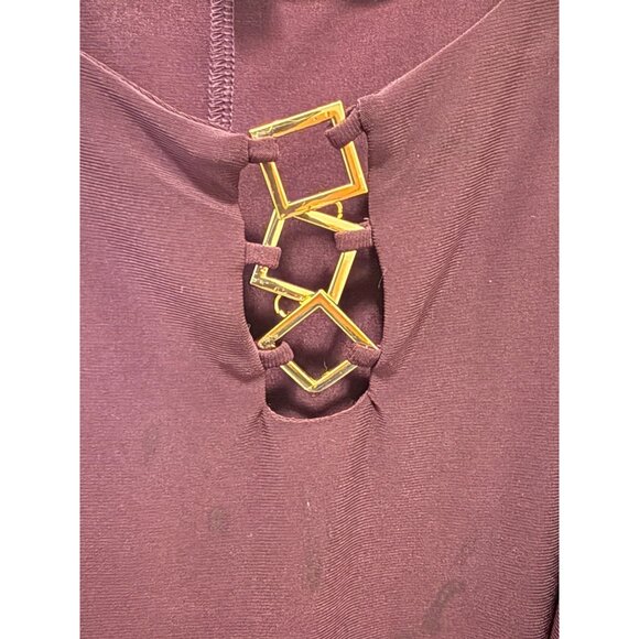 A.U.W Womens Large Purple Drape Front Blouse With Gold Accent Keyhole Neckline - Picture 2 of 7